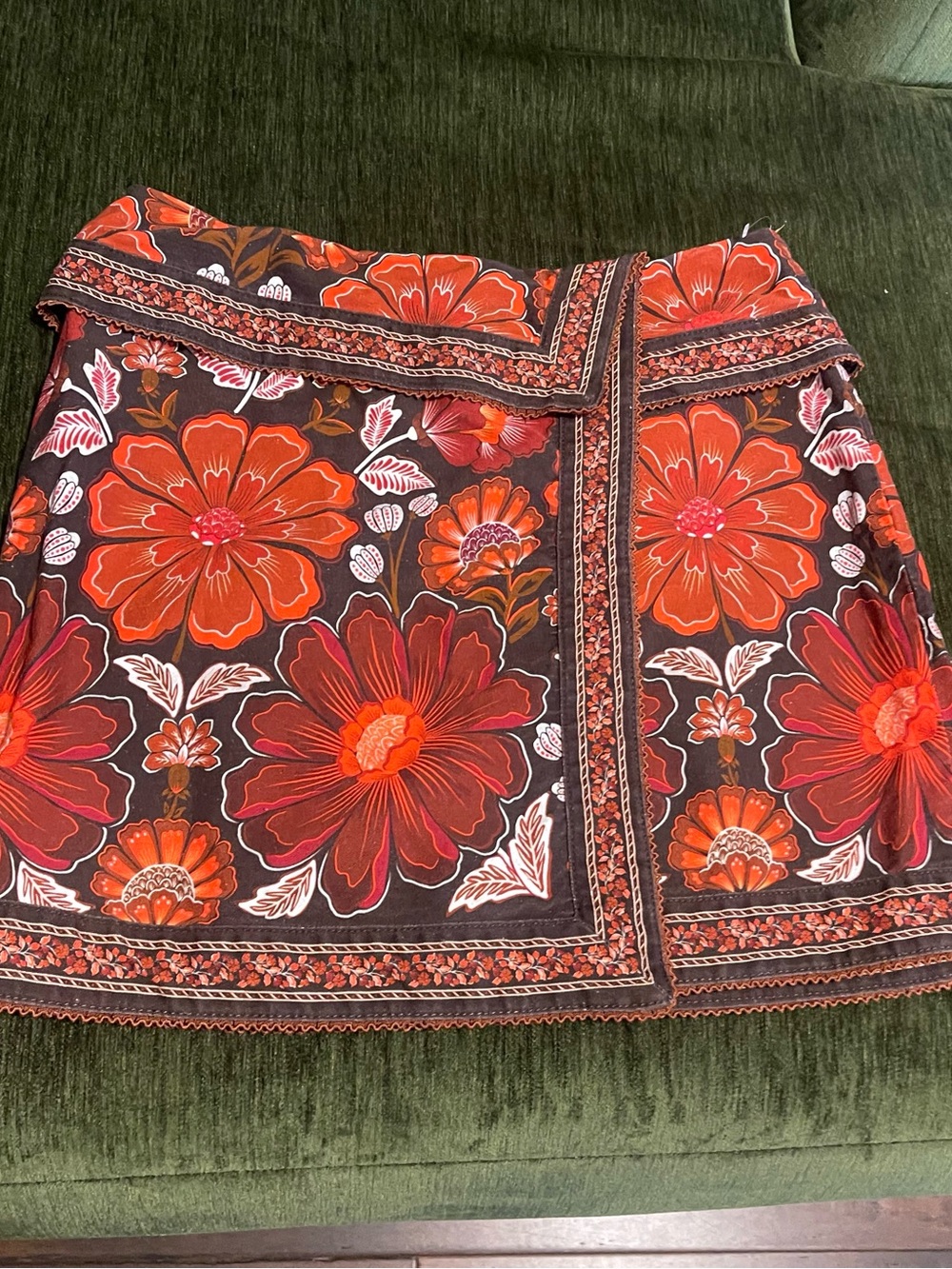 FARM Rio Brown Mini Skirt with Bold Orange & Red Floral Print